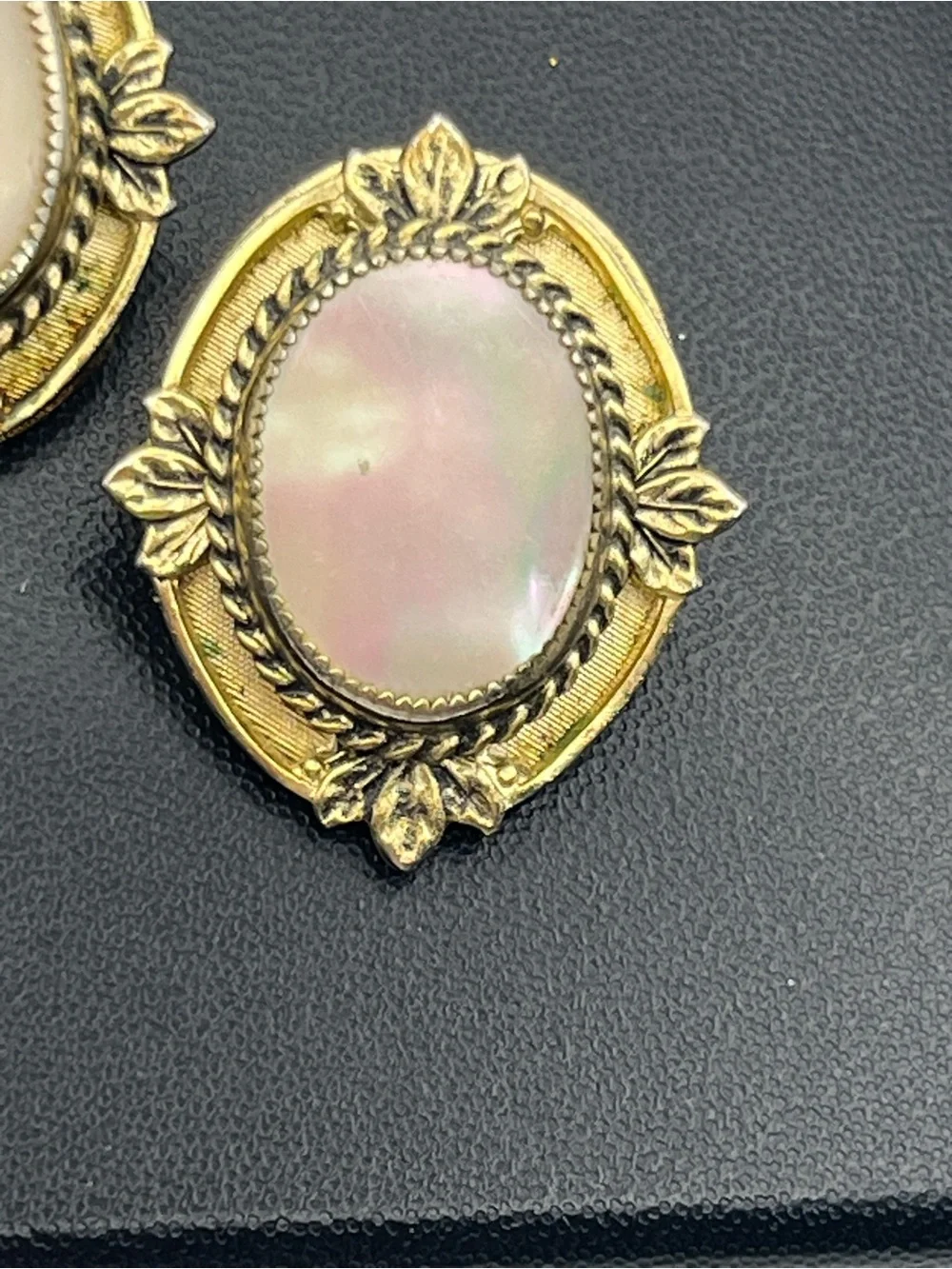 Whiting & Davis 1950’s Victorian Revival Gold tone mother of pearl clip earrings